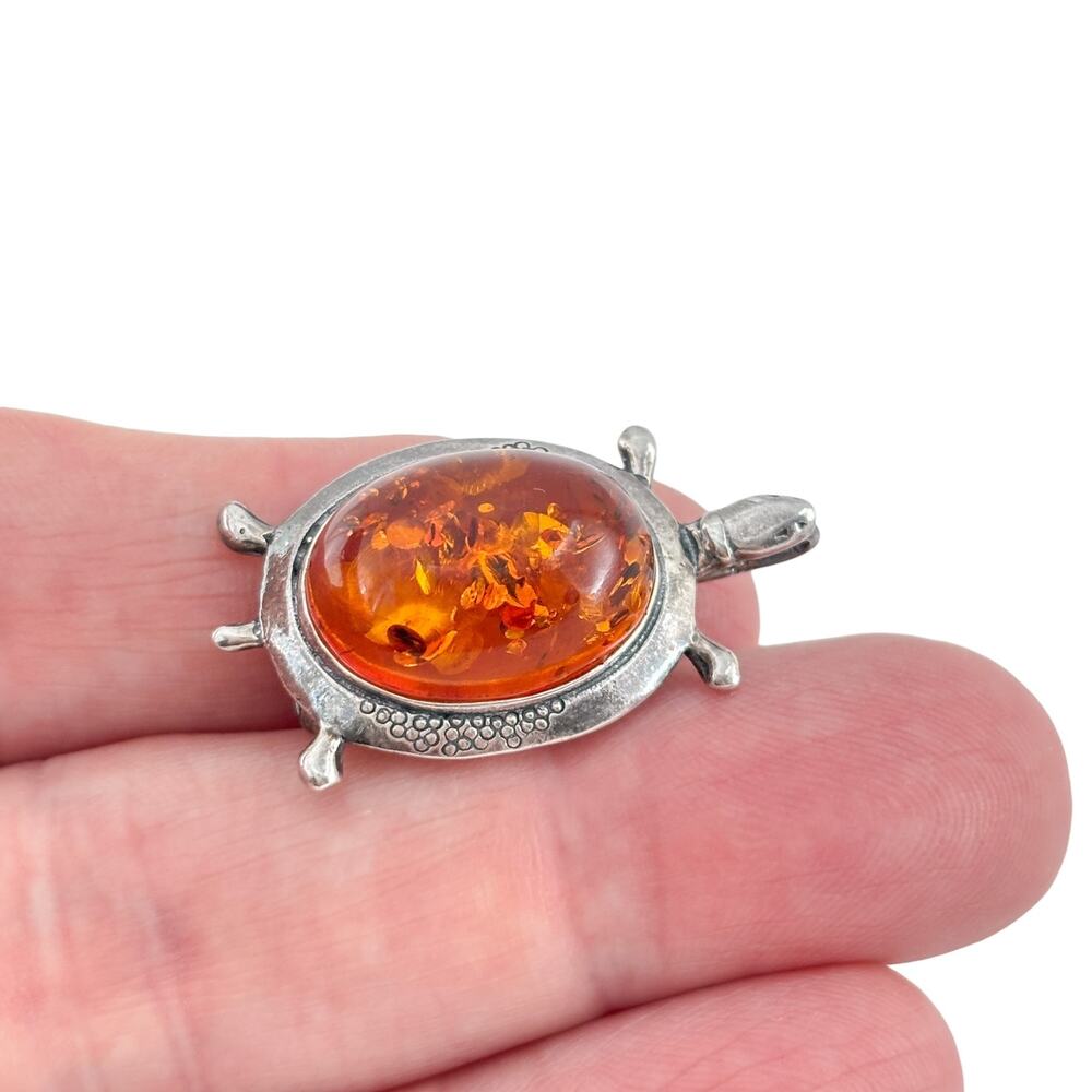 Vintage Sterling Silver 925 Amber Turtle Brooch